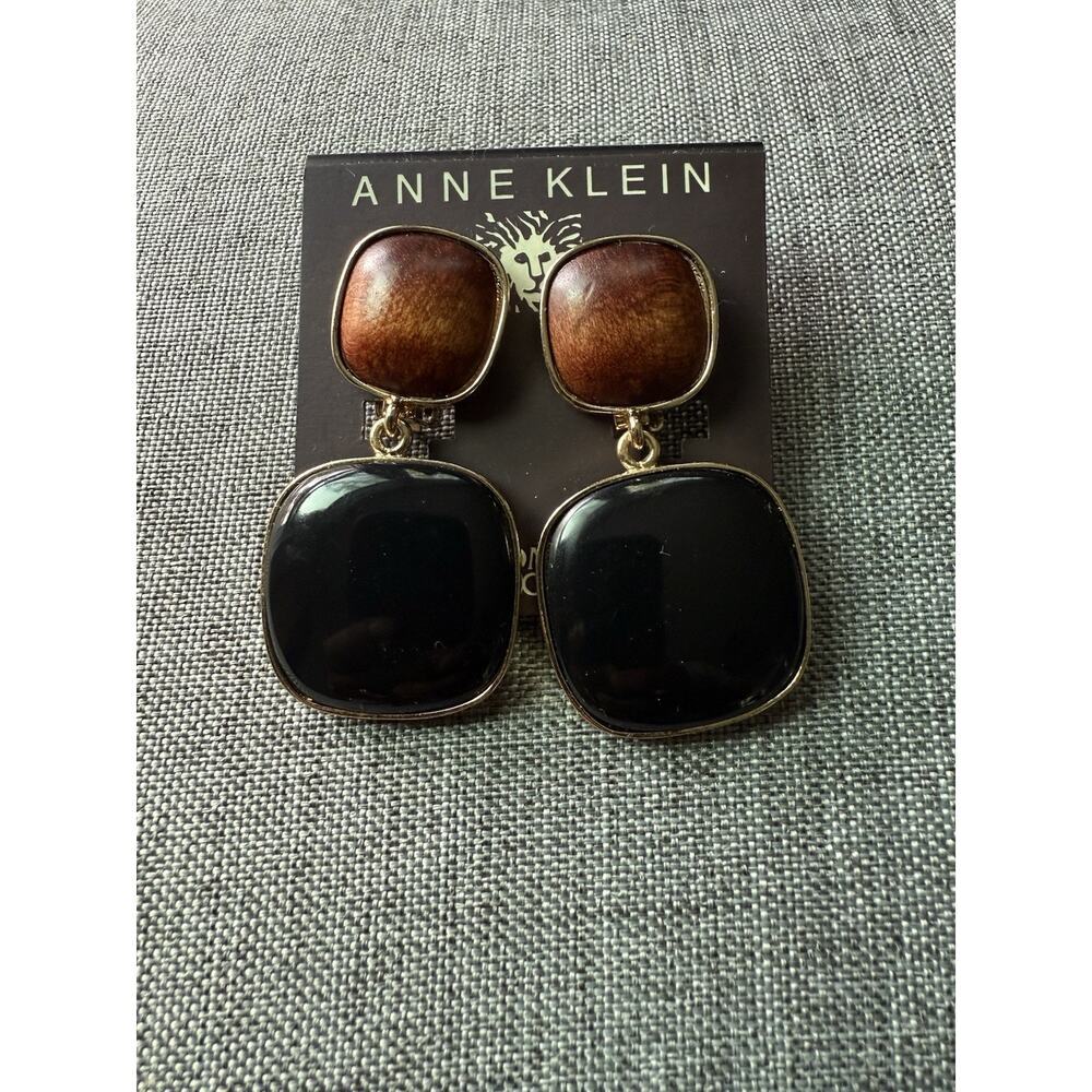 Vintage Ann Klein Wood Statement Earrings Black Brown Dangle Drop Career Boho